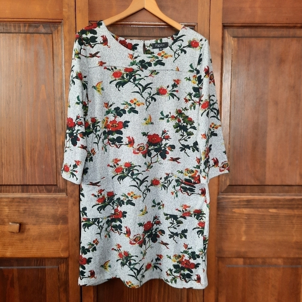 🛍 Papillon Marled Light Gray Floral 3/4 Length Sleeve Midi Dress Size Large